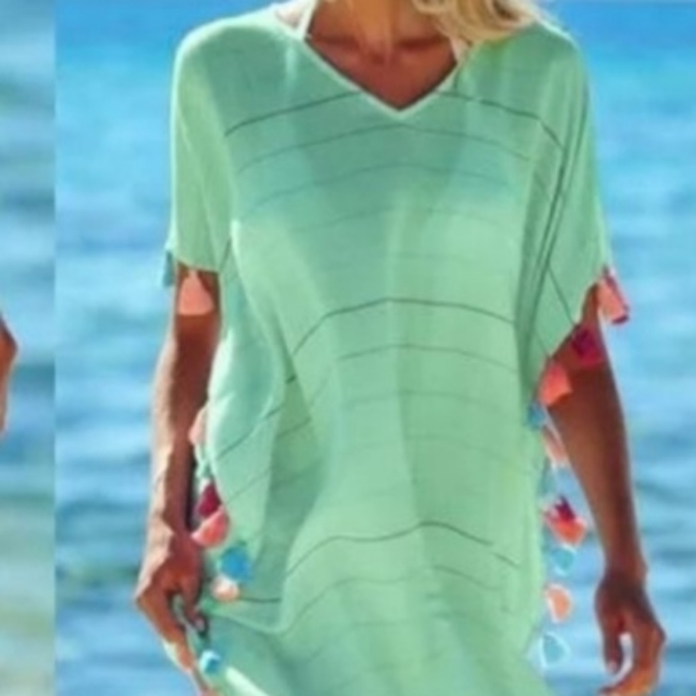 Women Tassel Dress Summer V Neck Ladies Blouse Shirt Swimming Tops Striped Bikin